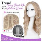 Honey Blonde Mix Platinum Blonde Short Wavy Wig for Women Lace Hairline Bob Style Synthetic Heat Resistant - Natural Appearance for Everyday Hairstyle 18 Inch - Retail: $36