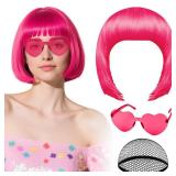 Hot Pink Bob Wig with Heart Sunglasses and Hair Cap, Colorful Short Bob Wigs Synthetic Party Wigs Funny Cosplay Hairpieces for Women Men Daily Bachelorette Halloween Costume Party Decorations - Retail