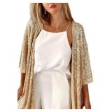 Womenâs Sequin Cardigan Open Front 3/4 Sleeve Elegant Glittery Sparkly Polyester Kimono Cardigan Coat for Women (Gold, X-Large) - Retail: $31