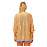 Womenâs Sequin Cardigan Open Front 3/4 Sleeve Elegant Glittery Sparkly Polyester Kimono Cardigan Coat for Women (Gold, X-Large) - Retail: $31