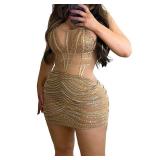 Bodycon Dresses for Women Summer 2023 Sexy Beige Short Sparkly mesh Spaghetti Strap mini Bodycon Vestidos,2XL - Retail: $40