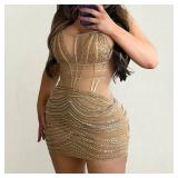 Bodycon Dresses for Women Summer 2023 Sexy Beige Short Sparkly mesh Spaghetti Strap mini Bodycon Vestidos,2XL - Retail: $40