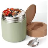 Insulated Food Jar for Kids - 15.2 Oz, Thermos for Hot Food, Soup Thermos, Insulated Food Container, Thermos Para Comida Caliente, Width Mouth Stainless Steel Lunch Box with Spoon, Green - Retail: $15