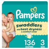 Pampers Swaddlers Diapers, Size 3 (13-26 lbs), 136 Count, Absorbent, Keeps Baby Dry and Comfortable, Skin Safe Disposable Baby Diaper (Packaging May Vary) - Retail: $48