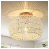 Boho Ceiling Light Fixtures Cream White Rattan Chandelier Light Small Rattan Flush Mount Ceiling Light Hand-Woven Chandelier for Nursery Light Fixture Kitchen Farmhouse Bedroom Chandeliers - Retail: $