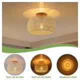 Boho Ceiling Light Fixtures Cream White Rattan Chandelier Light Small Rattan Flush Mount Ceiling Light Hand-Woven Chandelier for Nursery Light Fixture Kitchen Farmhouse Bedroom Chandeliers - Retail: $
