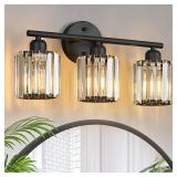 Modern 3 Light Crystal Vanity Light, Black Vertical Bathroom Light Fixture Over Mirror for Dressing Table Sink, Compatible with Dimmable Bulbs (Bulbs Not Included) - Retail: $50