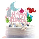 1Pcs Mermaid Happy Birthday Cake Topper Glitter Ocean Animal Cake Pick Seashells Coral Mermaid Tail Cake Decoration for Under the Sea Baby Shower Birthday Party Supplies Pink