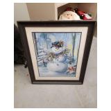 Winter Snowman with Cardinals Framed Art Print