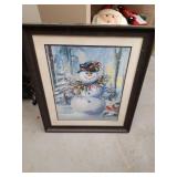 Winter Snowman with Cardinals Framed Art Print