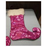 Pink Sequin Christmas Stockings with White Fur Trim