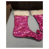Pink Sequin Christmas Stockings with White Fur Trim