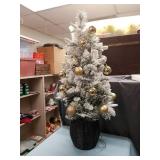 Flocked Christmas Tree with Gold Ornaments in Black Basket 42 inches With Lights