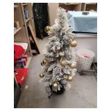 Flocked Christmas Tree with Gold Ornaments in Black Basket 42 inches With Lights