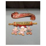 Merry Christmas Sign with Rolling Pin and Gingerbread Figures Sign