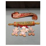 Merry Christmas Sign with Rolling Pin and Gingerbread Figures Sign