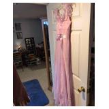 1950s Pink Satin Evening Gown with Ruffled Detail
