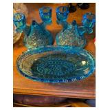 Blue Glass Candelabra Set with Matching candy bowl