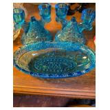 Blue Glass Candelabra Set with Matching candy bowl