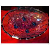 Ruby Red Glass Serving Plate with Grape Design