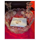 Fostoria American Pattern Glass Candlesticks (2) and crystal bowl