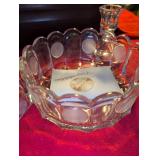 Fostoria American Pattern Glass Candlesticks (2) and crystal bowl