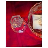 Fostoria American Pattern Glass Candlesticks (2) and crystal bowl