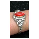 Sterling Silver Coral Ring with Decorative Band - Retail: $45