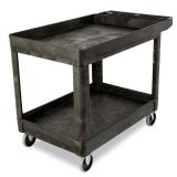 APPEARS NEW - Rubbermaid Commercial Products 2-Shelf Utility/Service Cart, Medium, Black, Lipped Shelves, Ergonomic Handle, 500 lbs. Capacity, for Warehouse/Garage/Cleaning/Manufacturing  - Retail: $1