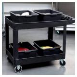 APPEARS NEW - Rubbermaid Commercial Products 2-Shelf Utility/Service Cart, Medium, Black, Lipped Shelves, Ergonomic Handle, 500 lbs. Capacity, for Warehouse/Garage/Cleaning/Manufacturing  - Retail: $1