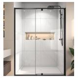 54 in. W x 71 in. H Pivot Swing Sliding Semi-Frameless Shower Door in Matte Black Finish with Tempered Glass *Retails $435*