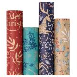 RUSPEPA Christmas Kraft Wrapping Paper - Reindeer, Berry Leaf and Text Design - 4 Rolls - 30 inches x 10 feet per Roll
