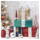 RUSPEPA Christmas Kraft Wrapping Paper - Reindeer, Berry Leaf and Text Design - 4 Rolls - 30 inches x 10 feet per Roll