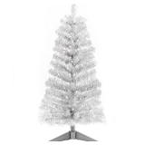 Decoway Pre-Lit Artificial Christmas Tree, Warm White Lights, 4 feet Includes Stand, Tinsel (Silver)