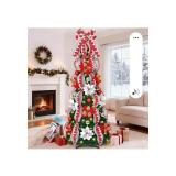 MARTINE MALL 6FT Pre-Lit Pre-Decorated Pop Up Christmas Tree with 200 Lights & Remote, Artificial Collapsible Foldable Christmas Tree with Poinsettia Ribbon Bow for Home Indoor Outdoor Party (Style Ma