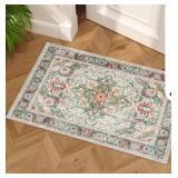 Vintage Rugs for Entryway, 2x3 Washable Low Pile Rug, Front Door Non-Slip Small Area Rug for Kitchen, Throw Rugs with Rubber Backing, Soft Boho Indoor Entrance Bedroom Entry Carpet mat (Cream/Green)