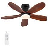 Retails for $117! 36 Inch Flush Mount Ceiling Fans with Lights and Remote, Dimmable, 5 Blades Wood Ceiling Fan with Light, Low Profile Outdoor Indoor Modern Ceiling Fan for Bedroom Patio (Black Walnut