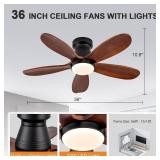 Retails for $117! 36 Inch Flush Mount Ceiling Fans with Lights and Remote, Dimmable, 5 Blades Wood Ceiling Fan with Light, Low Profile Outdoor Indoor Modern Ceiling Fan for Bedroom Patio (Black Walnut
