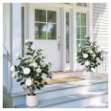 2 pcs Pack Artificial Camellia Tree with White Planter - 39 inch Tall Fake Tree,3.2 Ft Artificial Plants Indoor & Outdoor Housewarming Gift