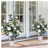 2 pcs Pack Artificial Camellia Tree with White Planter - 39 inch Tall Fake Tree,3.2 Ft Artificial Plants Indoor & Outdoor Housewarming Gift