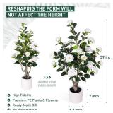 2 pcs Pack Artificial Camellia Tree with White Planter - 39 inch Tall Fake Tree,3.2 Ft Artificial Plants Indoor & Outdoor Housewarming Gift