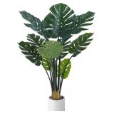 Artificial Monstera Deliciosa Plants, 4FT Faux Monstera Plant with White Planter, Swiss Cheese Plant with Green Leaves Stems, Fake Tropical Silk Tree for Indoor Office House Living Room Home Decor