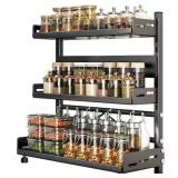 3 Tier Black Countertop Height Adjustable Metal Spice Organizer for Cabinet or Kitchen Standing Storage Shelf