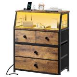 21.8"W Nightstand with Charging Station & LED Lights, Bedside Table with 4 Fabric Drawers, Night Table with Safety Netting Open Wood Shelf Storage for Bedroom, Table with WoodTop, Rustic Brown