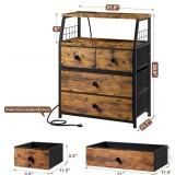 21.8"W Nightstand with Charging Station & LED Lights, Bedside Table with 4 Fabric Drawers, Night Table with Safety Netting Open Wood Shelf Storage for Bedroom, Table with WoodTop, Rustic Brown