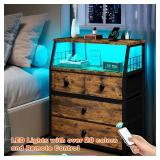 21.8"W Nightstand with Charging Station & LED Lights, Bedside Table with 4 Fabric Drawers, Night Table with Safety Netting Open Wood Shelf Storage for Bedroom, Table with WoodTop, Rustic Brown