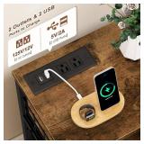21.8"W Nightstand with Charging Station & LED Lights, Bedside Table with 4 Fabric Drawers, Night Table with Safety Netting Open Wood Shelf Storage for Bedroom, Table with WoodTop, Rustic Brown