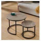 Retails for $120! Censi 24" Round Nesting Table, Accent Coffee Table, French Oak Grey Wood Finish, Space-Saving, Modern Industrial Style