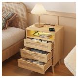 Rattan Nightstand with Charging Station USB Port Led Lights and 3 Storage Drawers, Bedroom Furniture Night Stand Bedside Table Bed Side Table End Table Sofa Table (1 Pack)