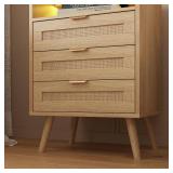 Rattan Nightstand with Charging Station USB Port Led Lights and 3 Storage Drawers, Bedroom Furniture Night Stand Bedside Table Bed Side Table End Table Sofa Table (1 Pack)